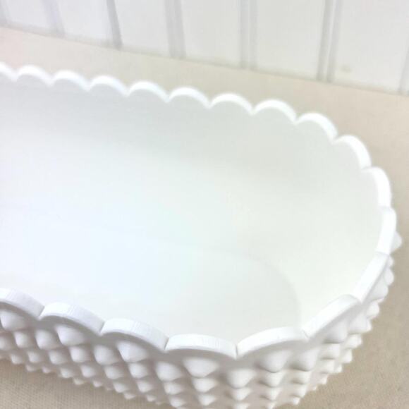 White Hobnail Bowl, Oblong Bowl, Decorative Bowl with Scalloped Edge - Picture 6 of 10